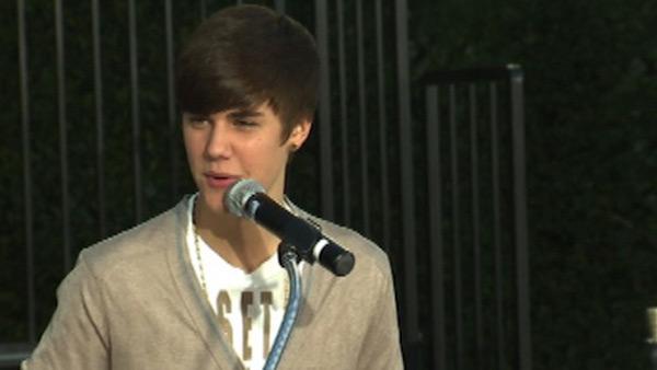 Justin Bieber appears on stage at Michael Jackson's hand and footprint ceremony at the Grauman's Chinese Theatre on Jan. 26, 2012.