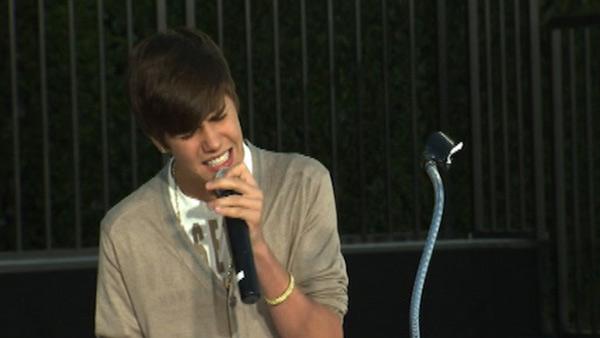 Justin Bieber performs on stage at Michael Jackson's hand and footprint ceremony at the Grauman's Chinese Theatre on Jan. 26, 2012.