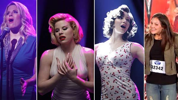 Left: Megan Hilty appears in two scenes from Smash in an episode that aired in 2012. / Right: Katharine McPhee appears in a scene from Smash. / Katharine McPhee appears in a scene from American Idol in an episode that aired in 2006. - Provided courtesy of NBC / FOX Left: Megan Hilty appears in two scenes from Smash in an episode that aired in 2012. / Right: Katharine McPhee appears in a scene from Smash. / Katharine McPhee appears in a scene from American Idol in an episode that aired in 2006. - Provided courtesy of NBC / FOX