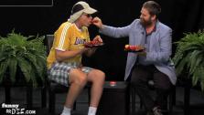 Zach Galifianakis feeds Will Ferrell a strawberry during an interview on his Funny Or Die web series Between Two Ferns in 2011. - Provided courtesy of Funny Or Die / youtube.com/watch?v8vgpWyAcqO4