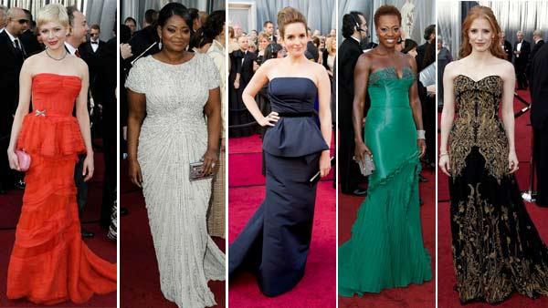 Michelle Williams, Octavia Spencer, Tina Fey, Viola Davis and Jessica Chastain appear on the red carpet at the 2012 Academy Awards on Feb. 26, 2012. - Provided courtesy of AP / A.M.P.A.S. Michelle Williams, Octavia Spencer, Tina Fey, Viola Davis and Jessica Chastain appear on the red carpet at the 2012 Academy Awards on Feb. 26, 2012. - Provided courtesy of AP / A.M.P.A.S.
