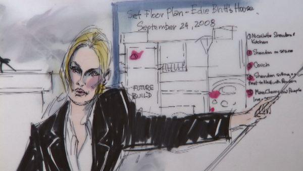 Nicollette Sheridan appears inside a Los Angeles court during day 1 of a trial about her' 'Desperate Housewives' wrongful termination case, as seen in this sketch released on Feb. 29, 2012.