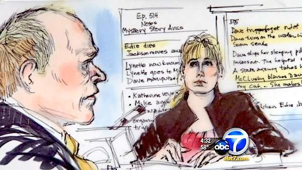 Marc Cherry, the creator of 'Desperate Housewives' showed jurors writers' notes showing his plan to kill Nicollette Sheridan's character. Writer Lori Kirkland Baker testifies on the stand, as seen in this sketch on March 7, 2012.