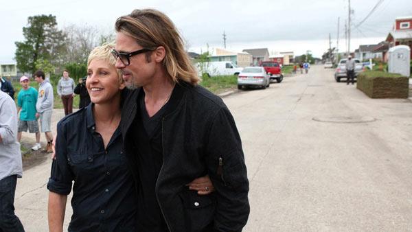 In this photo released by Warner Bros., talk show host Ellen DeGeneres walks with Brad Pitt in the Lower Ninth Ward in New Orleans, during the taping of The Ellen DeGeneres Show, on Friday, March 9, 2012. - Provided courtesy of AP / AP Photo/Warner Bros., Michael Rozman In this photo released by Warner Bros., talk show host Ellen DeGeneres walks with Brad Pitt in the Lower Ninth Ward in New Orleans, during the taping of The Ellen DeGeneres Show, on Friday, March 9, 2012. - Provided courtesy of AP / AP Photo/Warner Bros., Michael Rozman