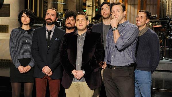 Jonah Hill, Jason Sudeikis and The Shins appear in a promotional photo for her appearance on NBCs sketch comedy Saturday Night Live. - Provided courtesy of OTRC / NBC / Dana Edelson Jonah Hill, Jason Sudeikis and The Shins appear in a promotional photo for her appearance on NBCs sketch comedy Saturday Night Live. - Provided courtesy of OTRC / NBC / Dana Edelson