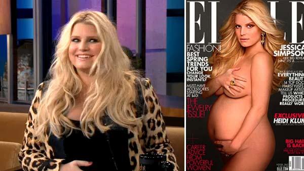 Jessica Simpson appears on The Tonight Show with Jay Leno on March 12, 2012. / Jessica Simpson appears nude and pregnant on the cover of ELLE magazines April 2012 issue. - Provided courtesy of NBC / ELLE Jessica Simpson appears on The Tonight Show with Jay Leno on March 12, 2012. / Jessica Simpson appears nude and pregnant on the cover of ELLE magazines April 2012 issue. - Provided courtesy of NBC / ELLE