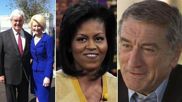 Newt Gingrich and his wife Callista appear in a photo posted on his official Twitter page on Sep 7, 2012. / Michelle Obama appears on an episode of the Tonight Show in October, 2008. / Robert De Niro appears in a still from Stone. - Provided courtesy of Twitter.com/newtgingrich / NBC / Overture Films Newt Gingrich and his wife Callista appear in a photo posted on his official Twitter page on Sep 7, 2012. / Michelle Obama appears on an episode of the Tonight Show in October, 2008. / Robert De Niro appears in a still from Stone. - Provided courtesy of Twitter.com/newtgingrich / NBC / Overture Films