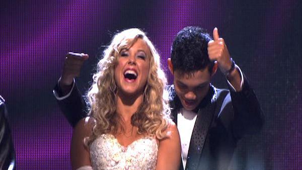 Disney Channel star Roshon Fegan and his partner Chelsie Hightower react to being safe from elimination on 'Dancing With The Stars: The Result Show' on Tuesday, March 27, 2012. The pair received 26 out of 30 points from the judges for their quickstep on t