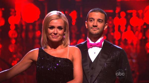 Classical singer Katherine Jenkins and her partner Mark Ballas await possible elimination on 'Dancing With The Stars: The Result Show' on Tuesday, March 27, 2012. The pair received 26 out of 30 points from the judges for their jive on the March 26 episode