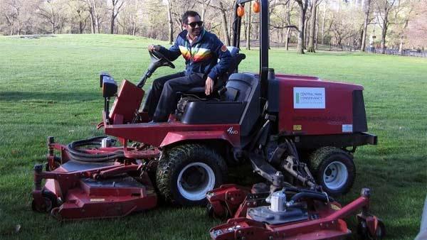 Aziz Ansari mows the lawn at New York Citys Central Park, as seen in this photo released by the Central Park Conservancy on April 2, 2012. - Provided courtesy of Central Park Conservancy Aziz Ansari mows the lawn at New York Citys Central Park, as seen in this photo released by the Central Park Conservancy on April 2, 2012. - Provided courtesy of Central Park Conservancy