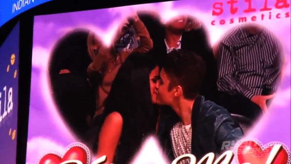 Selena Gomez and Justin Bieber appear on the kiss cam at a Lakers basketball game on April 17, 2012. - Provided courtesy of Ryan Seacrest Selena Gomez and Justin Bieber appear on the kiss cam at a Lakers basketball game on April 17, 2012. - Provided courtesy of Ryan Seacrest