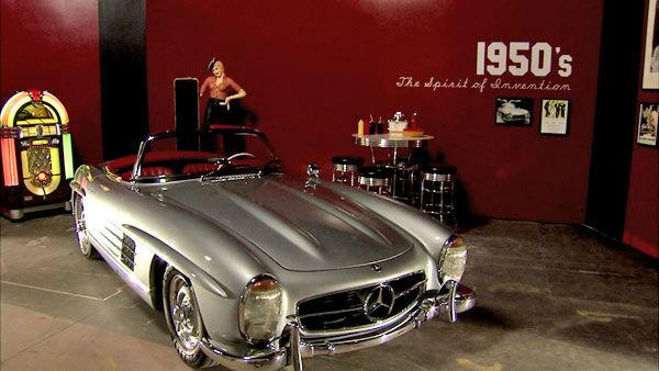 This 1957 300SL Roadster, photographed at a 2012 exhibit at the Warner Brothers Studios showcasing Mercedes-Benz automobiles featured in the movies.