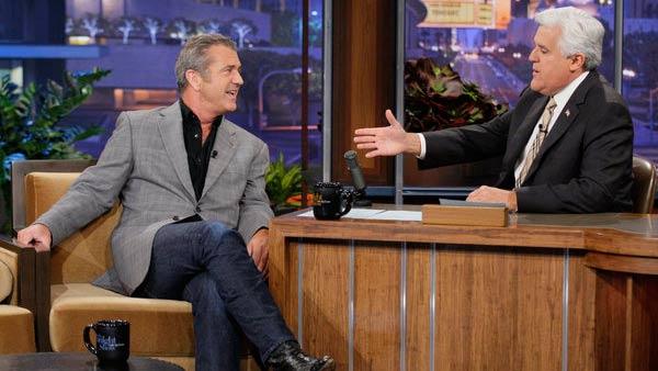 Mel Gibson and Jay Leno appear in a still from an April 27, 2012 episode of The Tonight Show with Jay Leno. - Provided courtesy of NBC / Paul Drinkwater Mel Gibson and Jay Leno appear in a still from an April 27, 2012 episode of The Tonight Show with Jay Leno. - Provided courtesy of NBC / Paul Drinkwater