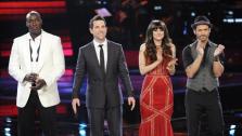 Jermaine Paul, Chris Mann, Juliet Simms, Tony Lucca appear in a photo from the pre-finale show of The Voice on May 7, 2012. - Provided courtesy of NBC