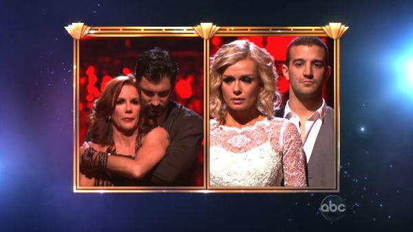 Melissa Gilbert and her partner Maksim Chmerkovskiy, Katherine Jenkins and her partner Mark Ballas await possible elimination on 'Dancing With The Stars: The Results Show' on Tuesday, May 8, 2012.