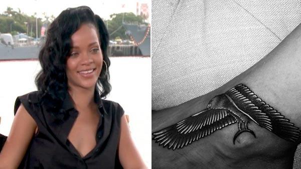 Rihanna talks to OnTheRedCarpet.com at the junket for Battleship in May 2012. / Rihannas new tattoo posted on her Instagram account on June 16. - Provided courtesy of OTRC / Twitter.com/Rihanna Rihanna talks to OnTheRedCarpet.com at the junket for Battleship in May 2012. / Rihannas new tattoo posted on her Instagram account on June 16. - Provided courtesy of OTRC / Twitter.com/Rihanna