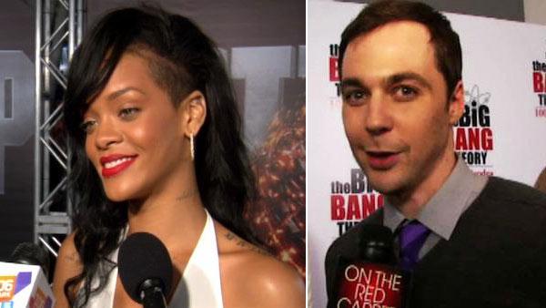 Rihanna talks to OnTheRedCarpet.com at the premiere of Battleship on May 10, 2012. / Jim Parsons talks to OnTheRedCarpet.com on Dec. 15, 2011 at a Los Angeles party to celebrate the 100th episode of CBS series The Big Bang Theory. - Provided courtesy of OTRC / OTRC Rihanna talks to OnTheRedCarpet.com at the premiere of Battleship on May 10, 2012. / Jim Parsons talks to OnTheRedCarpet.com on Dec. 15, 2011 at a Los Angeles party to celebrate the 100th episode of CBS series The Big Bang Theory. - Provided courtesy of OTRC / OTRC