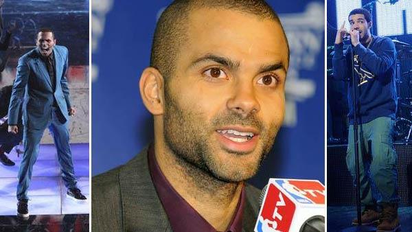 Chris Brown performs on Dancing With The Stars: The Results Show on Tuesday, May 8, 2012. / Tony Parker appears in an undated photo from his official Facebook page. / Drake performs on the October 29, 2011 episode of Saturday Night Live. - Provided courtesy of ABC / Facebook.com/tp9network / NBC Chris Brown performs on Dancing With The Stars: The Results Show on Tuesday, May 8, 2012. / Tony Parker appears in an undated photo from his official Facebook page. / Drake performs on the October 29, 2011 episode of Saturday Night Live. - Provided courtesy of ABC / Facebook.com/tp9network / NBC