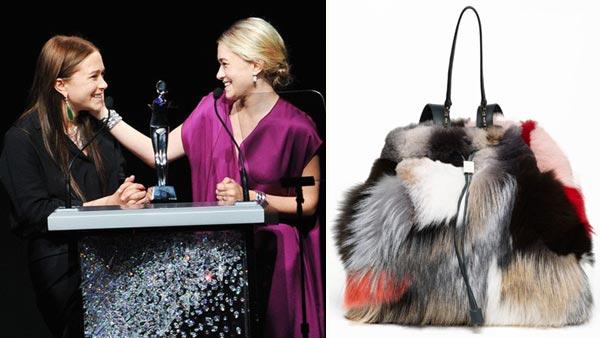 Mary-Kate and Ashley Olsen receive the Womenswear Designers of the Year Award at the 2012 CFDA Awards on June 4, 2012, in a photo from their fashion line The Rows official Facebook page. / Fur back pack from The Rows Pre-Fall 2012 collection. - Provided courtesy of Facebook.com/pages/The-Row / TheRow.com Mary-Kate and Ashley Olsen receive the Womenswear Designers of the Year Award at the 2012 CFDA Awards on June 4, 2012, in a photo from their fashion line The Rows official Facebook page. / Fur back pack from The Rows Pre-Fall 2012 collection. - Provided courtesy of Facebook.com/pages/The-Row / TheRow.com
