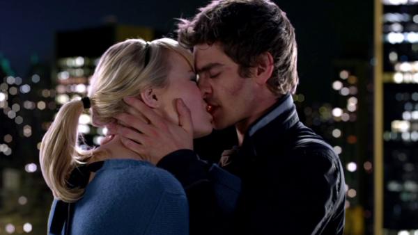 Andrew Garfield and Emma Stone kiss in a scene from the 2012 film The Amazing Spider-Man. - Provided courtesy of Columbia Pictures Andrew Garfield and Emma Stone kiss in a scene from the 2012 film The Amazing Spider-Man. - Provided courtesy of Columbia Pictures