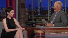 Anne Hathaway and David Letterman appear in a still from The Late Show with David Letterman, which aired on July 13, 2012. - Provided courtesy of CBS