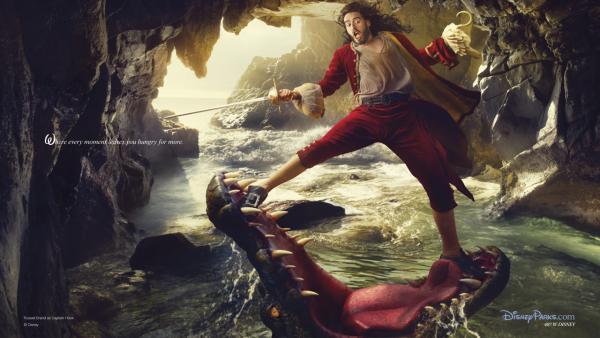 As Captain Hook, Russell Brand appears as Peter Pan's nemesis narrowly escaping the jaws of the crocodile who has chased him for years in a photo by Annie Leibovitz.