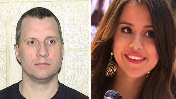 Selena Gomez talks to OnTheRedCarpet.com at a mall near Los Angeles on June 13, 2011. / Thomas Brodnicki appears in a mug shot taken by Cook County Sheriff's Office in 2009 following an arrest for a cyber-stalking charge.