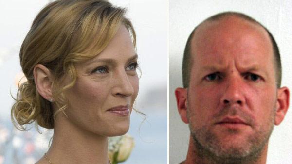 Uma Thurman in a still from her 2010 film, 'The Ceremony.' / Jack Jordan appears in a 2008 mug shot taken by Montgomery County Police.