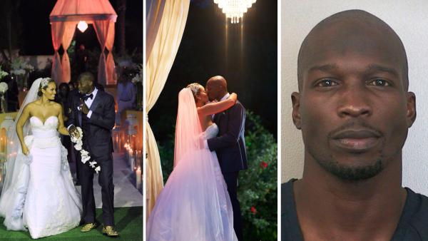 Evelyn Lozada and Chad 'Ochocinco' Johnson appear at their July 4, 2012 wedding, as seen in promotional photos for their VH1 reality show, 'Ev and Ocho.' / Chad 'Ochocinco' Johnson appears in a booking photo taken after his Aug. 11, 2012 arrest.