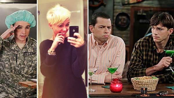 Angus T. Jones (left), and Jon Cryer and Ashton Kutcher (right) appear in scenes from the season 10 premiere of Two and a Half Men, set to air on Sept. 27, 2012. - Provided courtesy of twitter.com/mileycyrus / pic.twitter.com/oQLyahzo / Cliff Lipson / CBS Angus T. Jones (left), and Jon Cryer and Ashton Kutcher (right) appear in scenes from the season 10 premiere of Two and a Half Men, set to air on Sept. 27, 2012. - Provided courtesy of twitter.com/mileycyrus / pic.twitter.com/oQLyahzo / Cliff Lipson / CBS