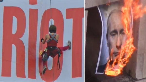 Members of feminist punk group Pussy Riot appear in a YouTube video uploaded on September 6, 2012. / A burning image of Vladimir Putin appears in a YouTube video uploaded on September 6, 2012. - Provided courtesy of YouTube / Pussy Riot Members of feminist punk group Pussy Riot appear in a YouTube video uploaded on September 6, 2012. / A burning image of Vladimir Putin appears in a YouTube video uploaded on September 6, 2012. - Provided courtesy of YouTube / Pussy Riot