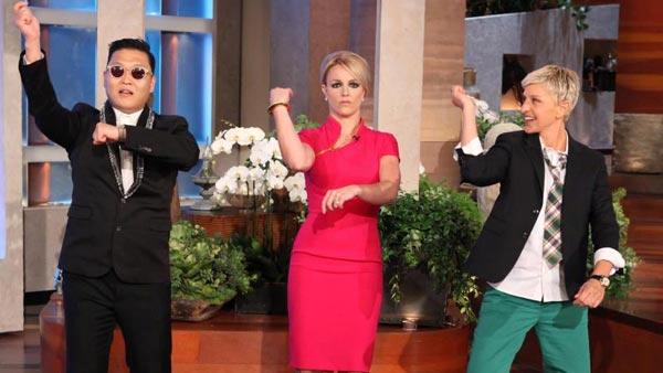 Psy, Britney Spears and Ellen DeGeneres appear on The Ellen DeGeneres Show on September 11, 2012. - Provided courtesy of Warner Bros. Television Psy, Britney Spears and Ellen DeGeneres appear on The Ellen DeGeneres Show on September 11, 2012. - Provided courtesy of Warner Bros. Television