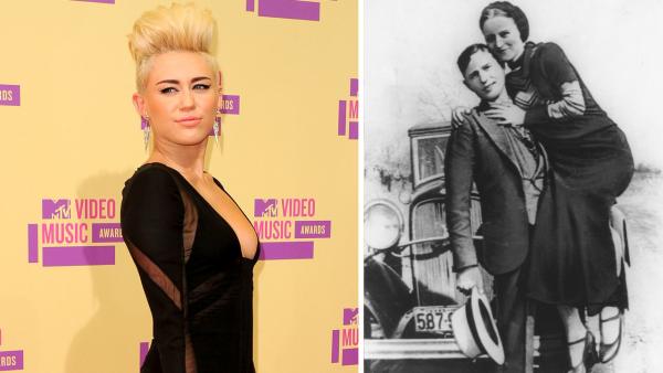 Miley Cyrus appears at the MTV Video Music Awards on Thursday, Sept. 6, 2012. / This is an undated photo of bandits Bonnie Parker and Clyde Barrow. - Provided courtesy of MTV / PictureGroup / AP Photo Miley Cyrus appears at the MTV Video Music Awards on Thursday, Sept. 6, 2012. / This is an undated photo of bandits Bonnie Parker and Clyde Barrow. - Provided courtesy of MTV / PictureGroup / AP Photo
