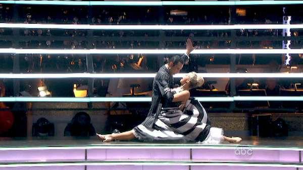 Brazilian auto racing driver Helio Castroneves and his partner Chelsie Hightower received 25.5 out of 30 points from the judges for their Quickstep on 'Dancing With The Stars: All-Stars,' which aired on October 8, 2012.
