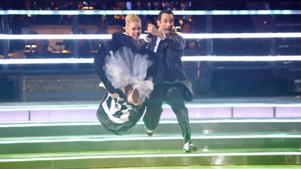 Brazilian auto racing driver Helio Castroneves and his partner Chelsie Hightower received 25.5 out of 30 points from the judges for their Quickstep on 'Dancing With The Stars: All-Stars' on Monday, Oct. 8, 2012.