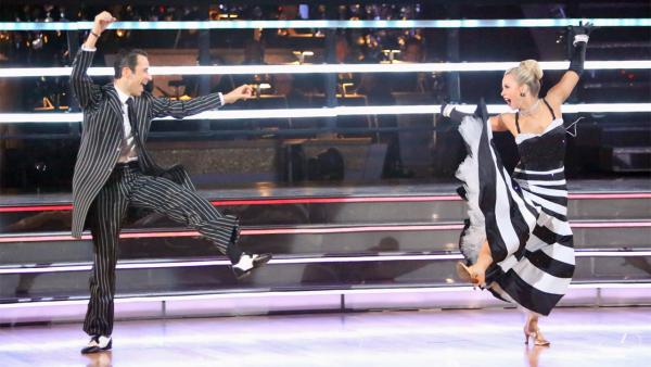 Brazilian auto racing driver Helio Castroneves and his partner Chelsie Hightower received 25.5 out of 30 points from the judges for their Quickstep on 'Dancing With The Stars: All-Stars' on Monday, Oct. 8, 2012.