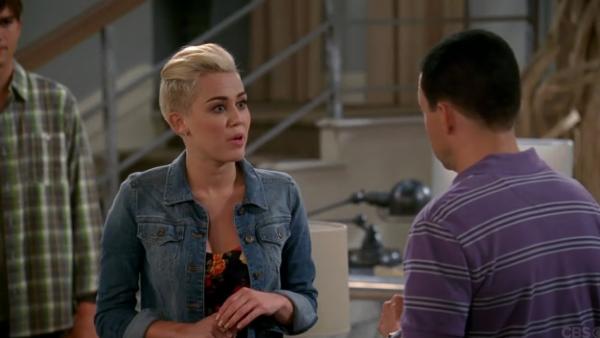 Ashton Kutcher, Miley Cyrus and Jon Cryer appear in a still from Two and a Half Men. - Provided courtesy of CBS Ashton Kutcher, Miley Cyrus and Jon Cryer appear in a still from Two and a Half Men. - Provided courtesy of CBS