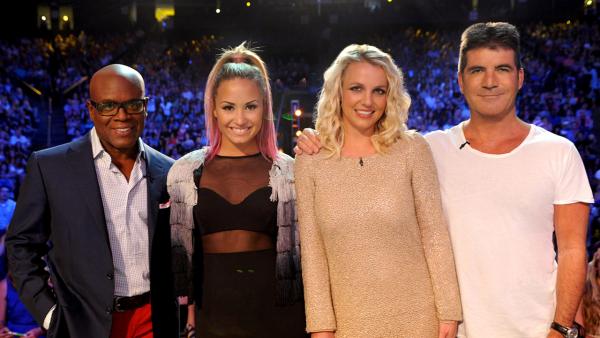 L.A. Reid, Demi Lovato, Britney Spears and Simon Cowell on the set of THE X FACTOR airing on FOX. - Provided courtesy of Ray Mickshaw / FOX L.A. Reid, Demi Lovato, Britney Spears and Simon Cowell on the set of THE X FACTOR airing on FOX. - Provided courtesy of Ray Mickshaw / FOX