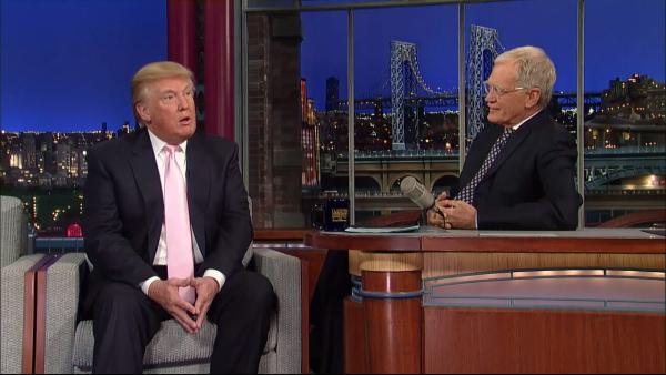 Donald Trump and David Letterman appear in a still from The Late Show on October 24, 2012. - Provided courtesy of CBS Donald Trump and David Letterman appear in a still from The Late Show on October 24, 2012. - Provided courtesy of CBS