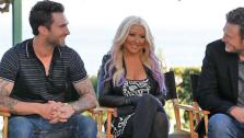 Adam Levine, Christina Aguilera, Blake Shelton in Malibu, Calif. on August 12, 2012. - Provided courtesy of Chris Haston/NBC
