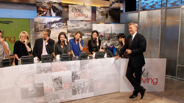 Cameron Mathison, Diana Williams, Dr. Richard Besser, Bianna Golodryga, Ginzer Zee, Liz Cho, Grover and Maria from Sesame Street and Sam Champion appear on Good Morning America during its Day of Giving to benefit survivors of Superstorm Sandy. - Provided courtesy of ABC / Lou Rocco Cameron Mathison, Diana Williams, Dr. Richard Besser, Bianna Golodryga, Ginzer Zee, Liz Cho, Grover and Maria from Sesame Street and Sam Champion appear on Good Morning America during its Day of Giving to benefit survivors of Superstorm Sandy. - Provided courtesy of ABC / Lou Rocco