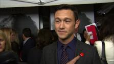 Joseph Gordon-Levitt points to his Record button on his suit at the premiere of Lincoln at Graumans Chinese Theatre during AFI Fest in Hollywood on Nov. 8, 2012.