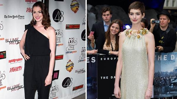 Anne Hathaway arrives at the 55th Annual Drama Desk Awards in New York, Sunday, May 23, 2010. / Anne Hathaway arrives for the European premiere of The Dark Knight Rises, at a central London cinema, Wednesday, July 18, 2012.
