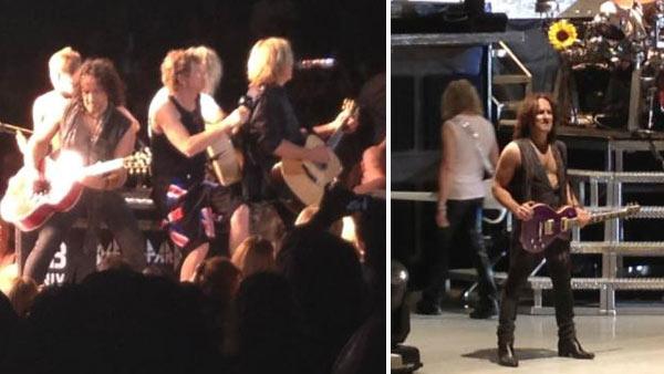 Vivian Campbell (left) performs with Def Leppard at Verizon Wireless Amphitheatre in Irvine, California on June 22, 2012.