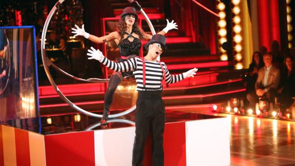 Olympic speed skater Apolo Anton Ohno and his partner Karina Smirnoff received 27 out of 30 points from the judges for their 'Big Top' Jazz on 'Dancing With The Stars: All-Stars' on Monday, Nov. 19, 2012.