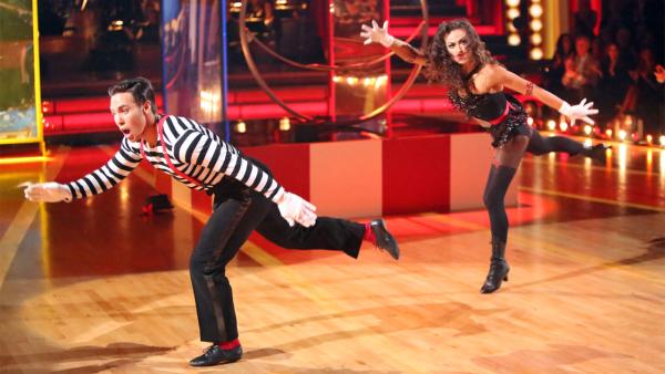 Olympic speed skater Apolo Anton Ohno and his partner Karina Smirnoff received 27 out of 30 points from the judges for their 'Big Top' Jazz on 'Dancing With The Stars: All-Stars' on Monday, Nov. 19, 2012.