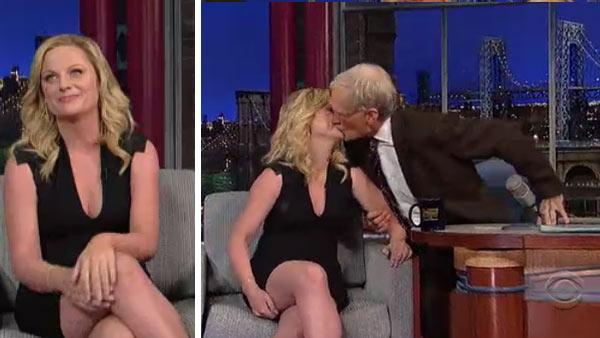 Dave Letterman kisses Amy Poehler on an episode of the CBS series The Late Show that aired on Nov. 20, 2012. - Provided courtesy of CBS / Worldwide Pants Dave Letterman kisses Amy Poehler on an episode of the CBS series The Late Show that aired on Nov. 20, 2012. - Provided courtesy of CBS / Worldwide Pants