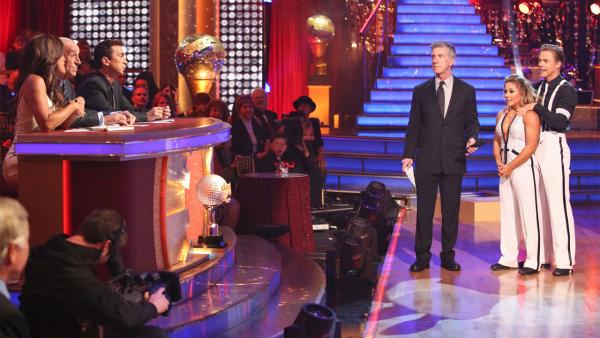 Olympic gymnast Shawn Johnson and her partner Derek Hough received 27 out of 30 points from the judges for their Quickstep on 'Dancing With The Stars: All-Stars' on Monday, Nov. 26, 2012.