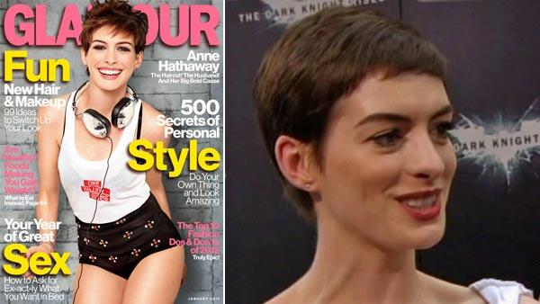 Anne Hathaway appears on the January 2013 cover of Glamour magazine. / Anne Hathaway talks to reporters at the New York premiere of The Dark Knight Rises on July 16, 2012. - Provided courtesy of Glamour magazine / OTRC Anne Hathaway appears on the January 2013 cover of Glamour magazine. / Anne Hathaway talks to reporters at the New York premiere of The Dark Knight Rises on July 16, 2012. - Provided courtesy of Glamour magazine / OTRC