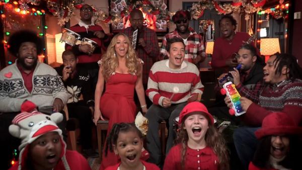 Mariah Carey sings while Jimmy Fallon and the Roots perform on the NBC show Late Night with Jimmy Fallon on Dec. 4, 2012. - Provided courtesy of NBC Mariah Carey sings while Jimmy Fallon and the Roots perform on the NBC show Late Night with Jimmy Fallon on Dec. 4, 2012. - Provided courtesy of NBC